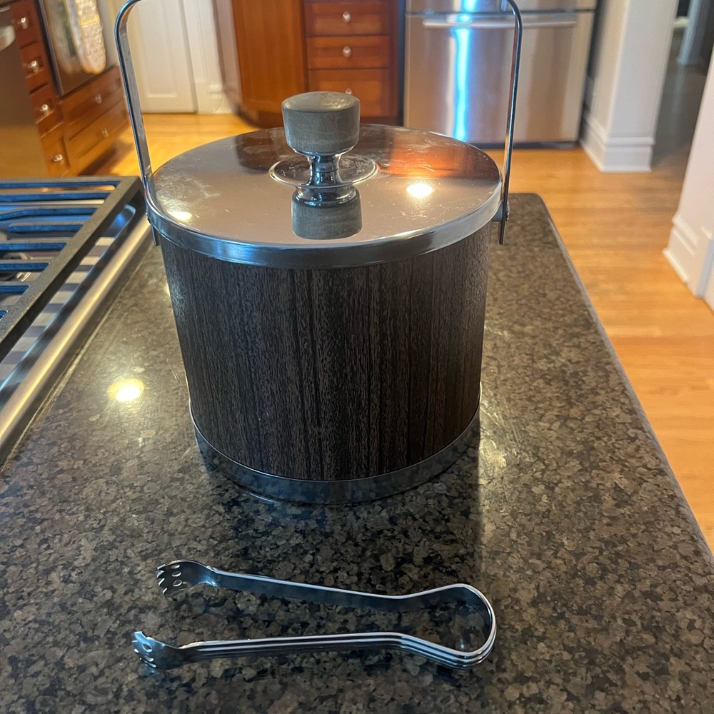Vintage MCM Chrome & Wood Ice Bucket and Tongs